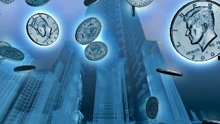 Silver Coins Falling over Blue City Loop - Video HD